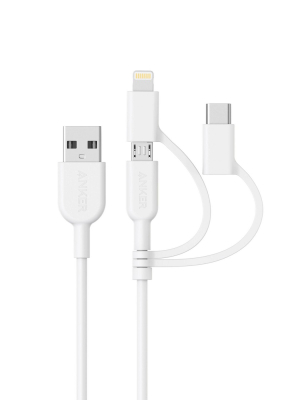 Anker 3' Powerline Ii 3-in-1 Lightning/usb-c/micro Usb To Usb-a Cable - White