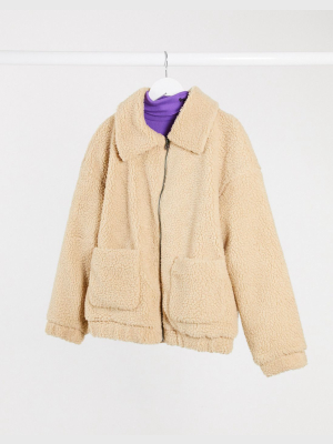 Only Pocket Detail Teddy Jacket In Sand