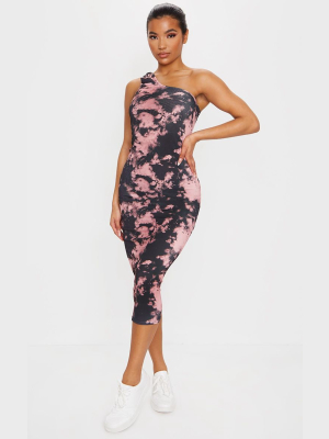 Pink Tie Dye Knot Detail One Shoulder Rib Midi...