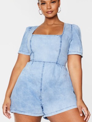 Plus Light Blue Wash Square Neck Denim Romper