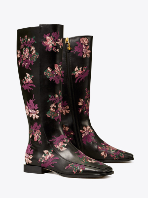 Embroidered Square-toe Knee Boot