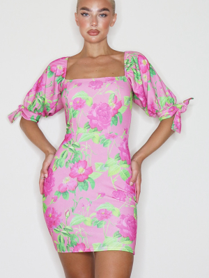 Pink Floral Puff Sleeve Tie Back Bodycon Dress