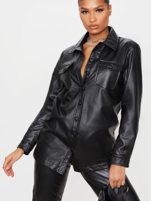Black Faux Leather Longline Shirt Jacket