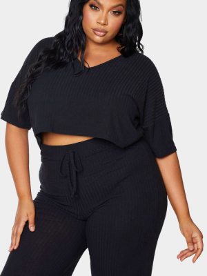 Plus Black Soft Rib Short Sleeve V Neck Crop Top