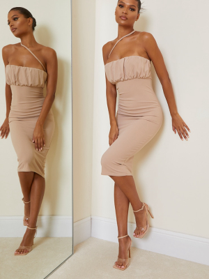 Stone One Shoulder Strap Ruched Bust Midi Dress