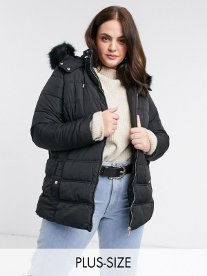 New Look Curve Faux Fur Hooded Puffer Jacket In Black