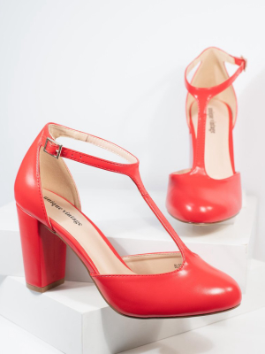 Unique Vintage Red Leatherette T-strap Astaire Pumps