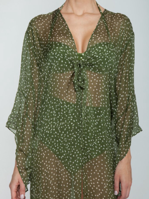 Midi Ruffle Robe - Mille Punti Green Dot Print