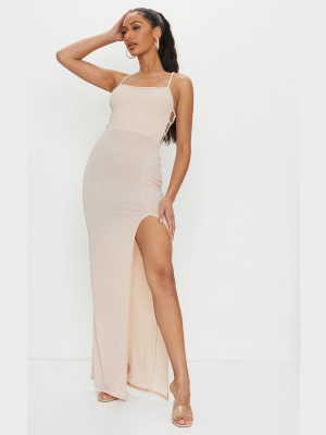 Nude Textured Glitter Split Maxi Dress