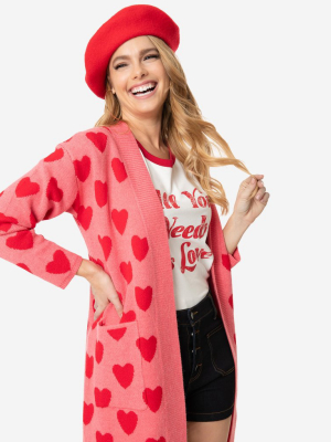 Pink & Red Hearts Open Long Cardigan