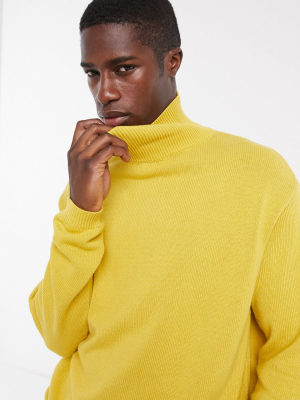 Asos Design Midweight Cotton Funnel Neck Sweater In Mustard