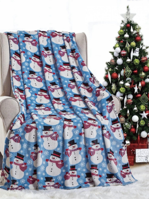 Kate Aurora Holiday Living Winter Blues Snowman Christmas Ultra Soft And Plush Throw Blanket