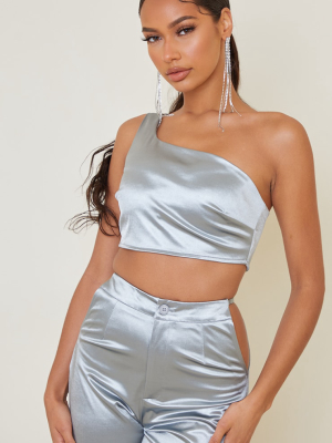 Silver Stretch Satin One Shoulder Crop Top