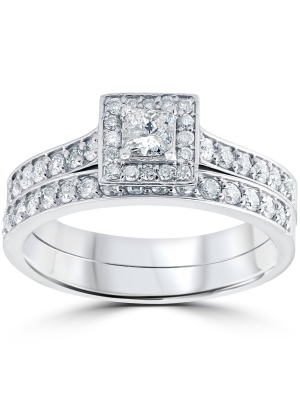 Pompeii3 3/4 Cttw Princess Cut Diamond Halo Engagement Wedding Ring Set 10k White Gold