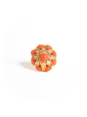 Vintage Coral Cabochon And Diamante Rhinestone Statement Ring