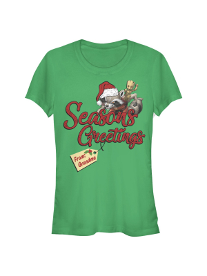 Junior's Marvel Christmas Rocket & Groot Grandma Greetings T-shirt