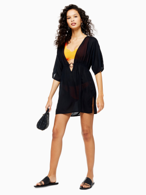 Black Ring Trim Kaftan Mini Beach Dress