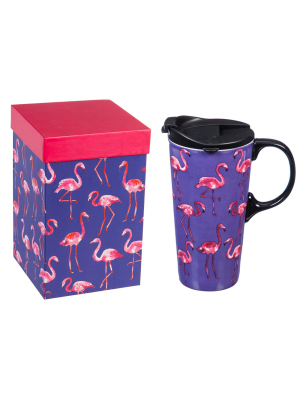 Evergreen Garden Ceramic Travel Cup, 17 Oz. ,w/box, Flamingos