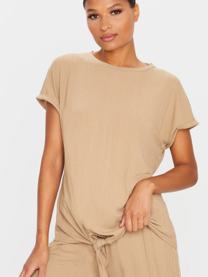 Mocha Ribbed Tie Front Oversized T-shirt