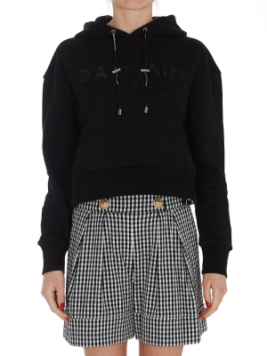 Balmain Logo Embellished Cropped Drawstring Hoodie