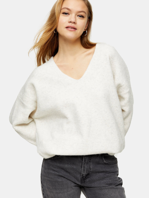 Ivory Ribbed V Neck Longline Knitted Sweater