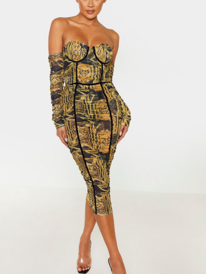 Black Baroque Print Mesh Ruched Velvet Binded...