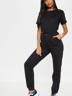 Black Sweat Short Sleeve Jogger Jumpsuit