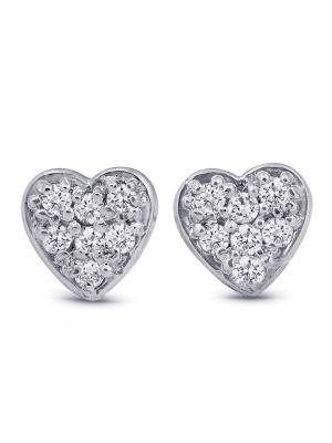 Pompeii3 14k White Gold Diamond Pave Small Heart Studs Dainty High Polished 5.7mm