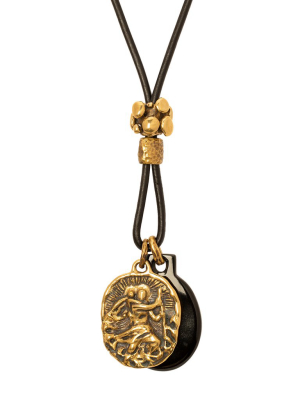 Saint Christopher Black Jade Medal Necklace - Black Leather