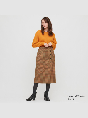 Women Side Button Checked Wrap Skirt