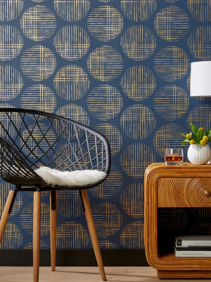 Cross Hatch Circles Gold And Navy Wallpaper