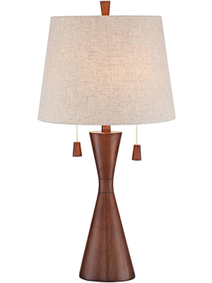 360 Lighting Modern Table Lamp Warm Brown Wood Hourglass Oatmeal Fabric Tapered Drum Shade For Living Room Family Bedroom Bedside