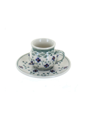 Blue Rose Polish Pottery Sage Floral Espresso Cup & Saucer