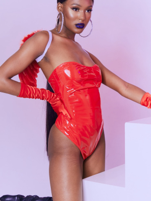 Tall Red Vinyl Pu Corset Bodysuit