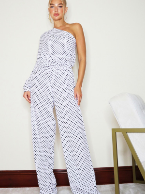 White Polka Dot One Sleeve Wide Leg Jumpsuit