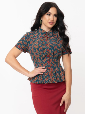 Unique Vintage Teal & Paisley Print Stevens Blouse