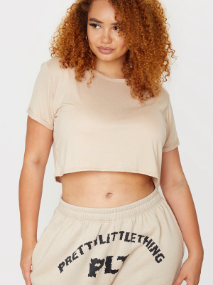 Plus Basic Stone Roll Sleeve Crop T Shirt