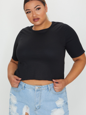 Plus Black Rib Frill Hem T-shirt