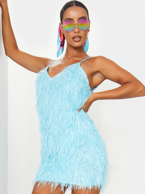 Blue Soft Fringed Plunge Strappy Bodycon Dress