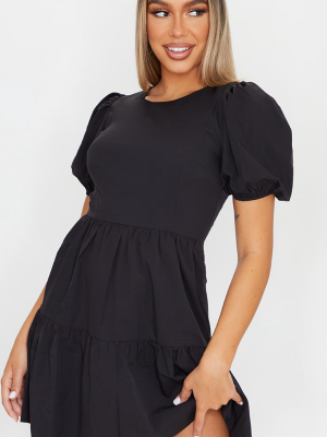 Black Woven Tiered Puff Sleeve Smock Dress