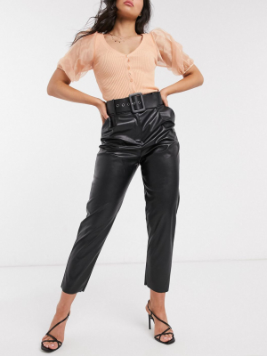 Style Cheat High Waist Pu Pants With Belt Detail In Black