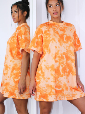 Petite Orange Oversized Tie Dye T Shirt Dress