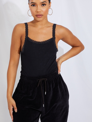 Black Brushed Rib Lace Trim Strappy Bodysuit