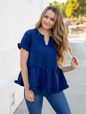 V-cut Ruffle Peplum - Navy