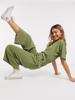 Asos Design Tie Waist Jumpsuit In Khaki