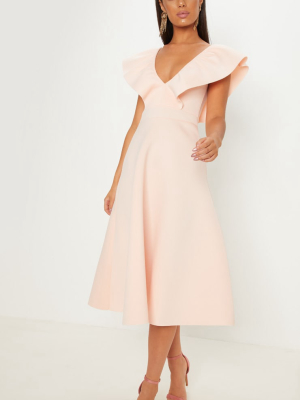 Nude Bonded Scuba Plunge Ruffle Skater Midi Dress