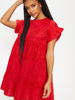 Red Broderie Anglaise Smock Dress