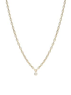 14k Small Square Oval Link Necklace With Dangling Bezel Set Diamond