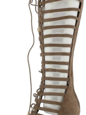 Mangosteen3 Khaki Gladiator Knee High Lace Up Boot