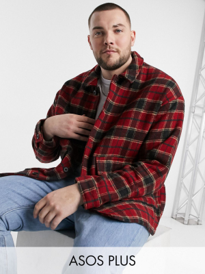 Asos Design Plus Faux Wool Shacket In Red Tartan Plaid